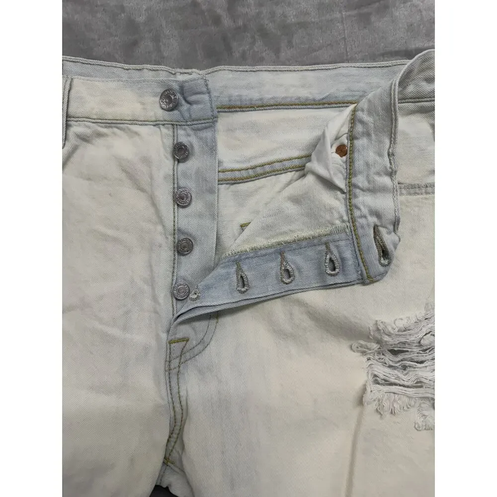 Levis 501 Jeans Mens 36X32* Fits 36X30 Distressed White Button Fly Bleached Wash